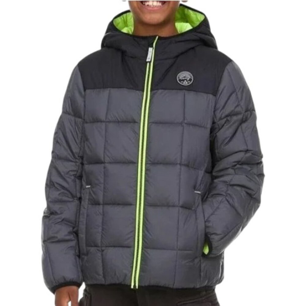 NWT Gerry Boys Torque Puffer Hoodie Jacket M Iron Gray Black Neon Yellow